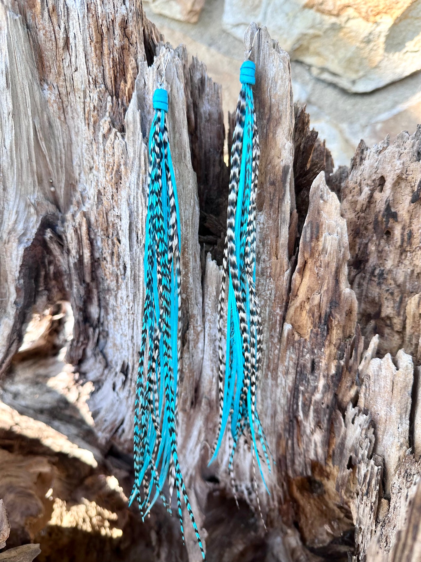 8 Inch Beautiful Handmade Turquoise, White and Black Feather Grizzly Earrings