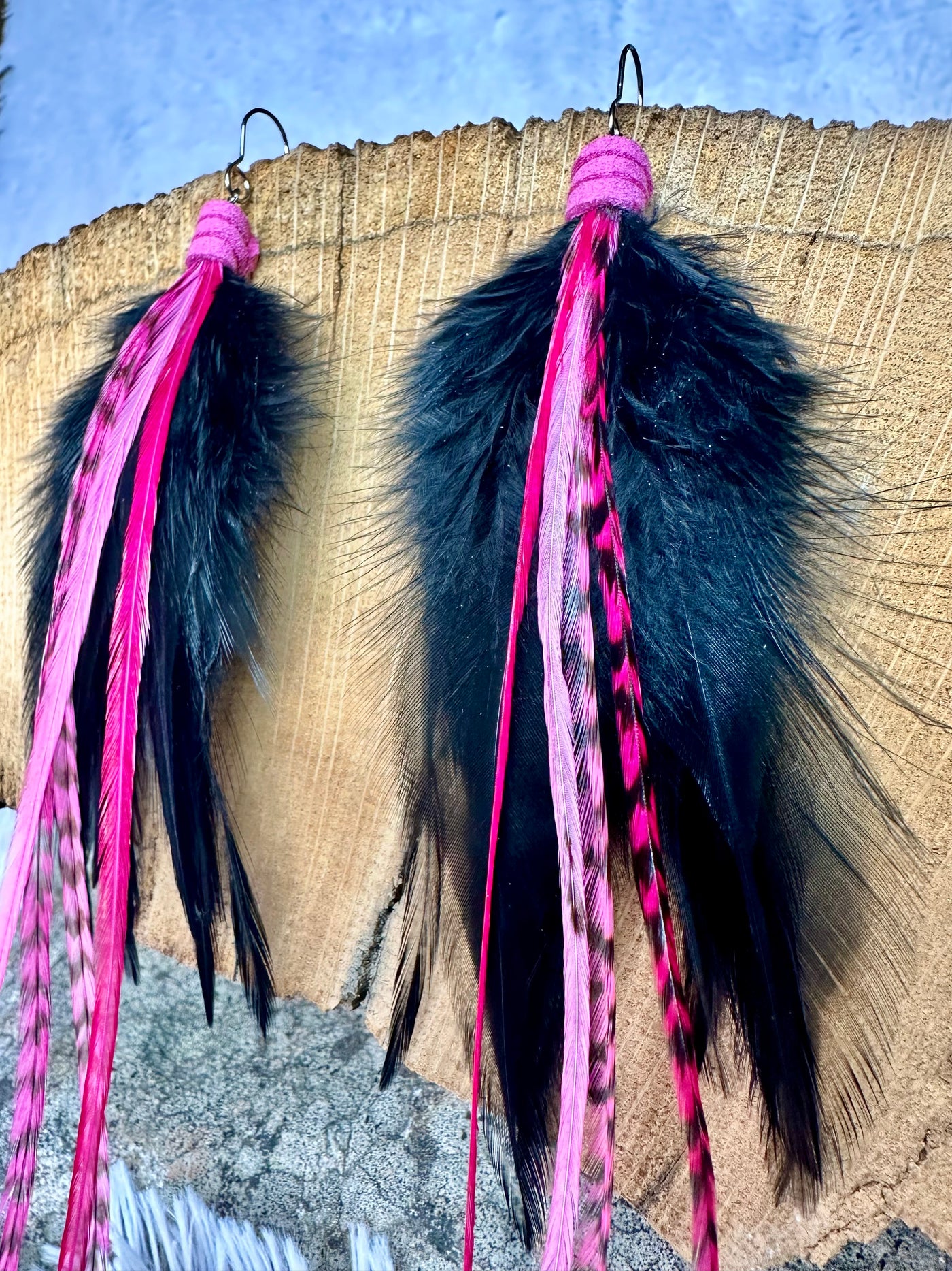 The Priscilla – 8 inch Black and Pink Feather Earrings