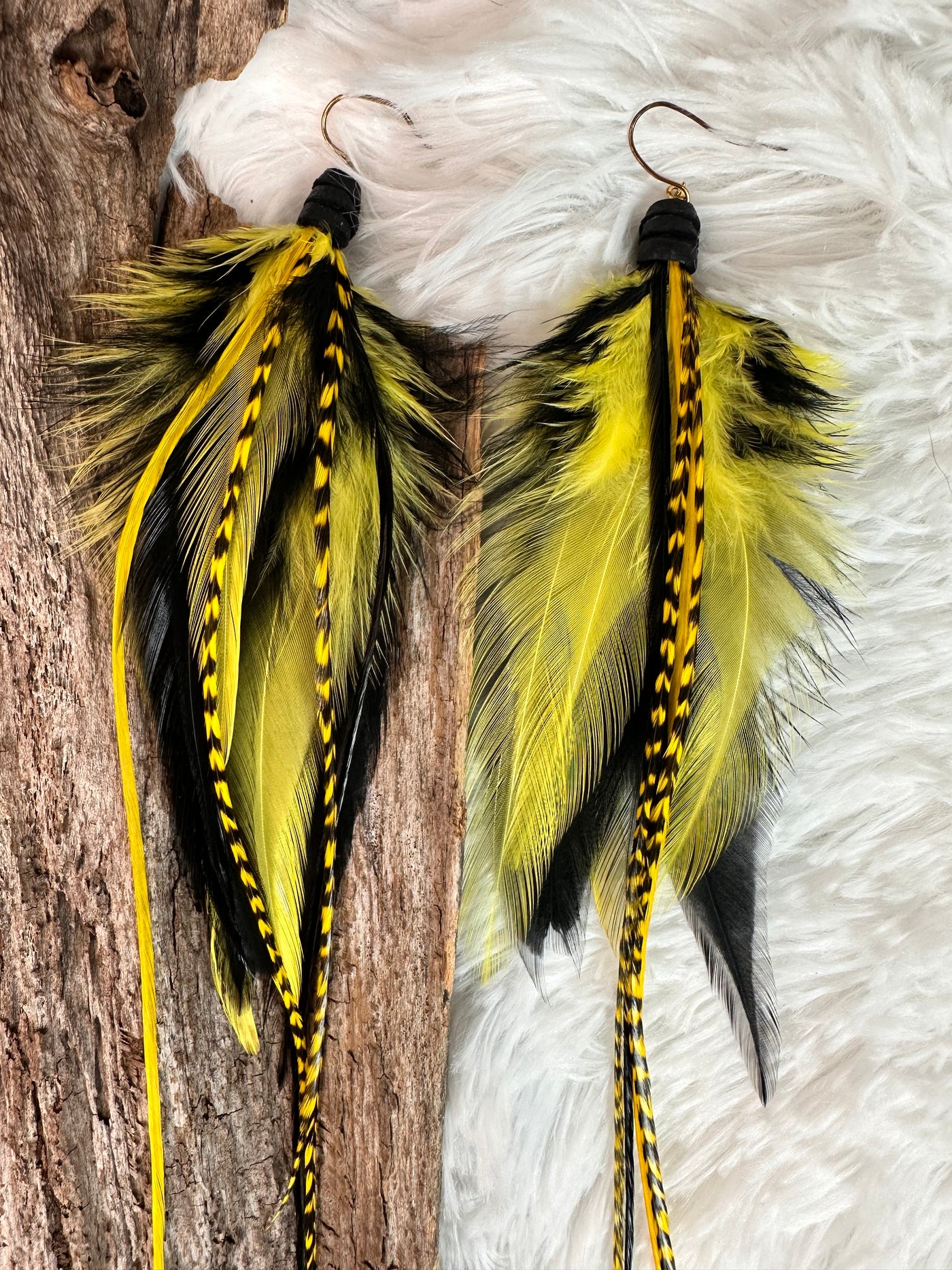 8 inch Black and Yellow Handmade Sports Feather Earrings