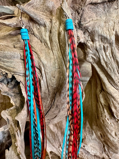 8 Inch Beautiful Handmade Turquoise, Brown and Red Feather Grizzly Earrings