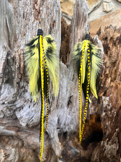8 inch Black and Yellow Handmade Sports Feather Earrings