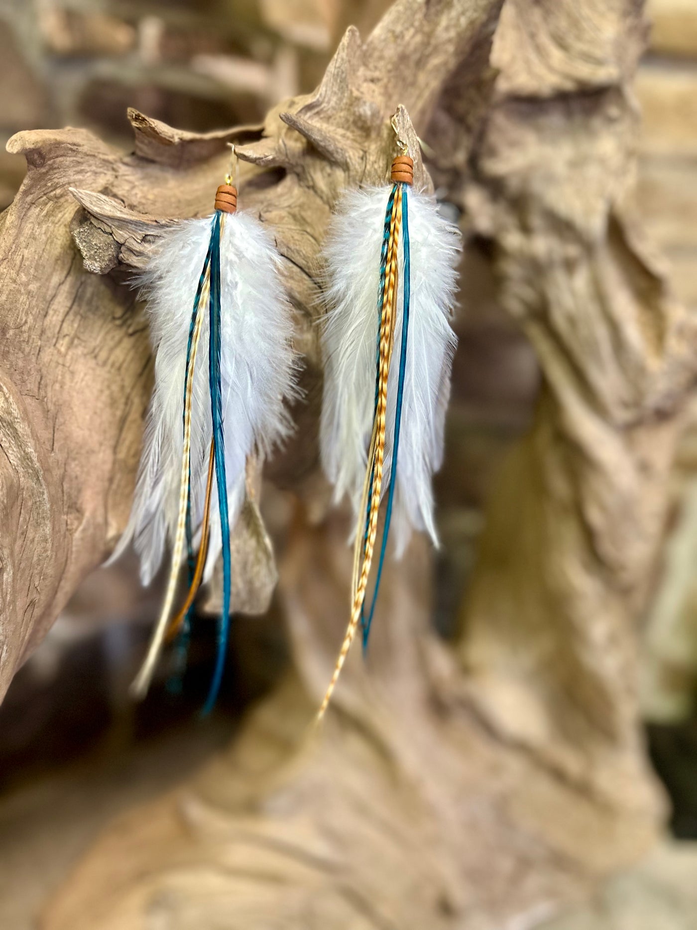 The Arizona– 8 inch Teal and Ginger Handmade Unique Feather Earrings