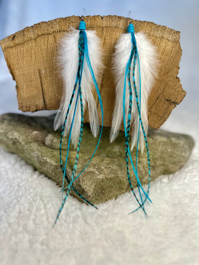 The Evelyn  – Striking 8 inchHandmade White and Turqouise Feather Earrings