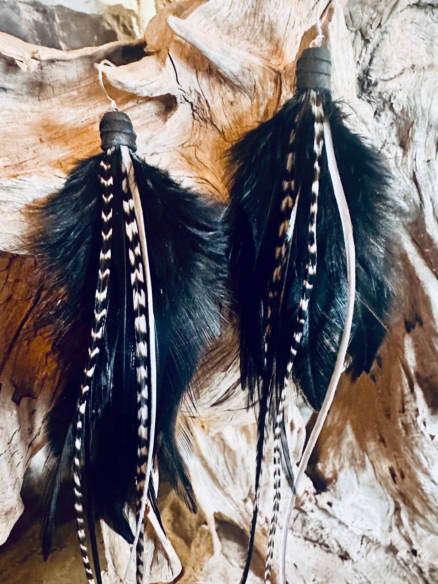 The Sofia – 8 inch Black & White Handmade Minimalist Feather Earrings