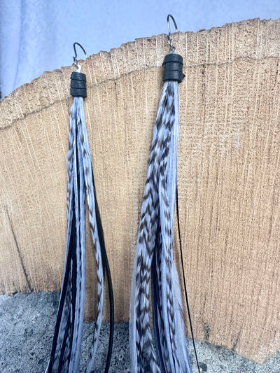 8 inch Beautiful Handmade Everyday Black and Gray Feather Grizzly Earrings