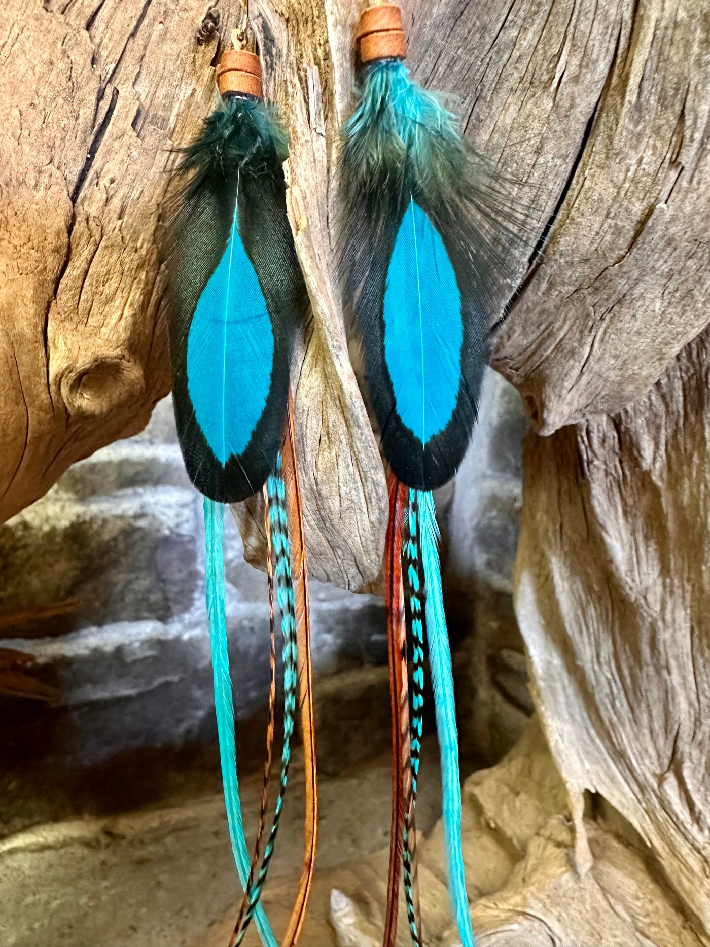 The Nicole – 8 inch Turquoise & Brown Handmade Long Feather Earrings