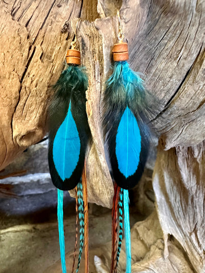 The Nicole – 8 inch Turquoise & Brown Handmade Long Feather Earrings