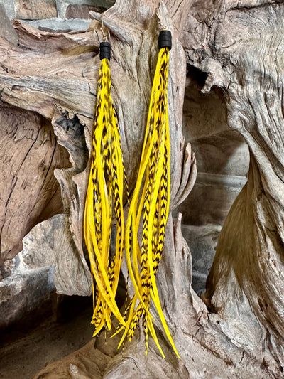 8 inch Beautiful Handmade Everyday Yellow and Black Feather Grizzly Earrings
