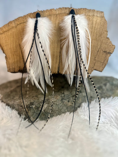 The Namieka – Striking 8 inch Handmade Everyday White and Black Feather Earrings