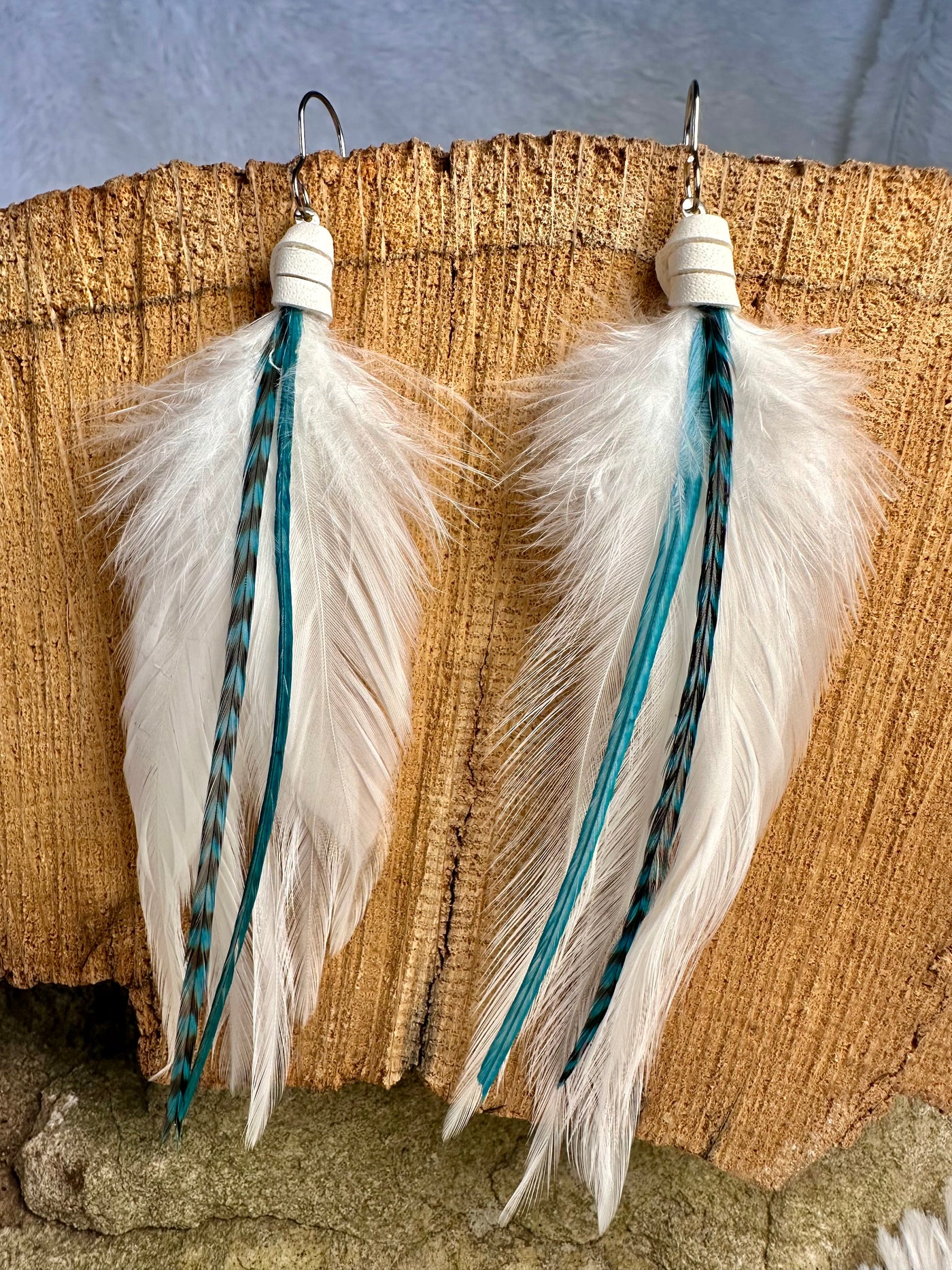White and Turquoise 4 inch Handmade Mini Feather Earrings
