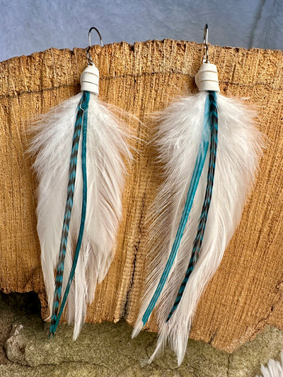 White and Turquoise 4 inch Handmade Mini Feather Earrings