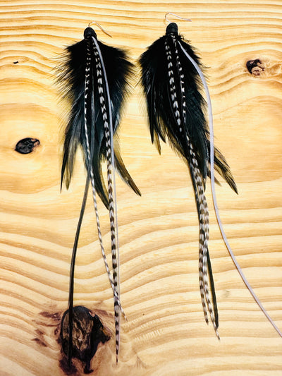 The Sofia – 8 inch Black & White Handmade Minimalist Feather Earrings