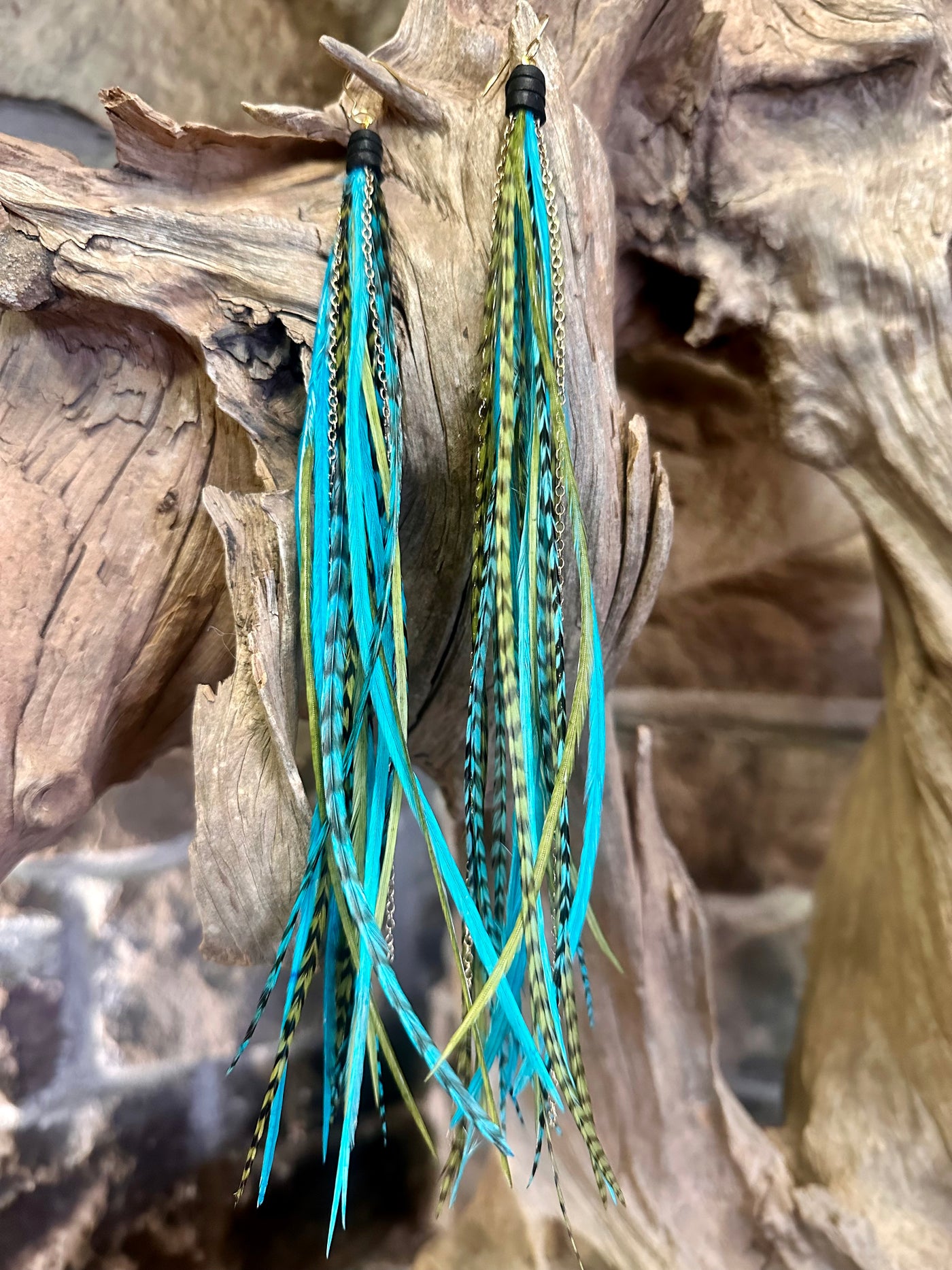 8 Inch Beautiful Handmade Turquoise and Green Feather Grizzly Earrings