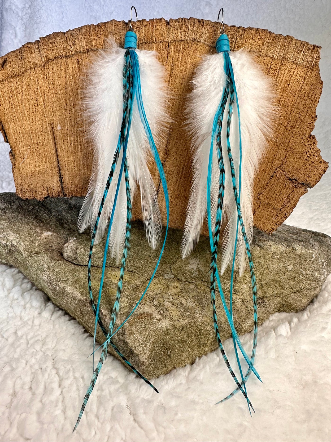 The Evelyn  – Striking 8 inchHandmade White and Turqouise Feather Earrings