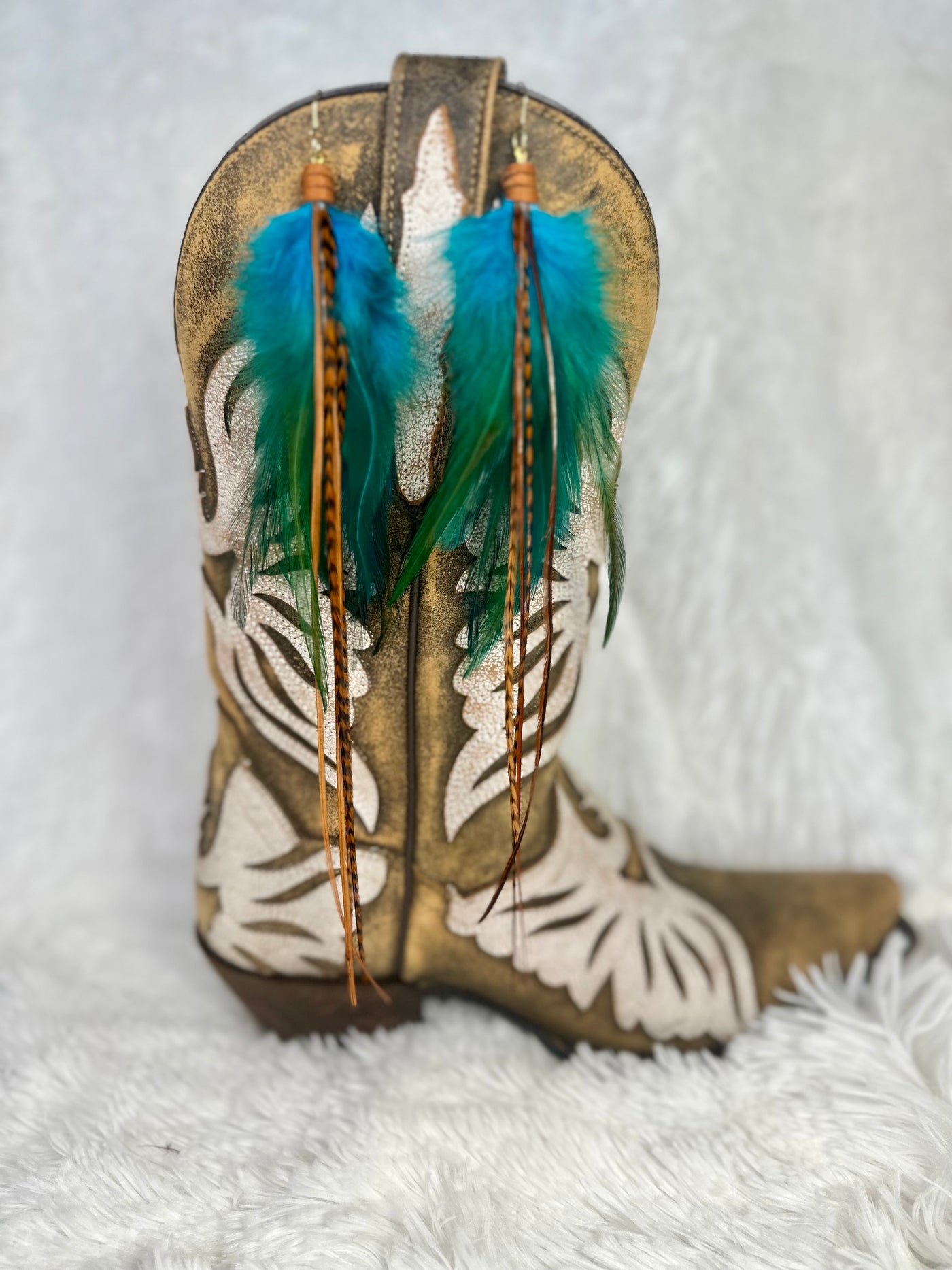 The Lynn – 8 inch Turquoise and Brown Handmade Customizable Feather Earrings