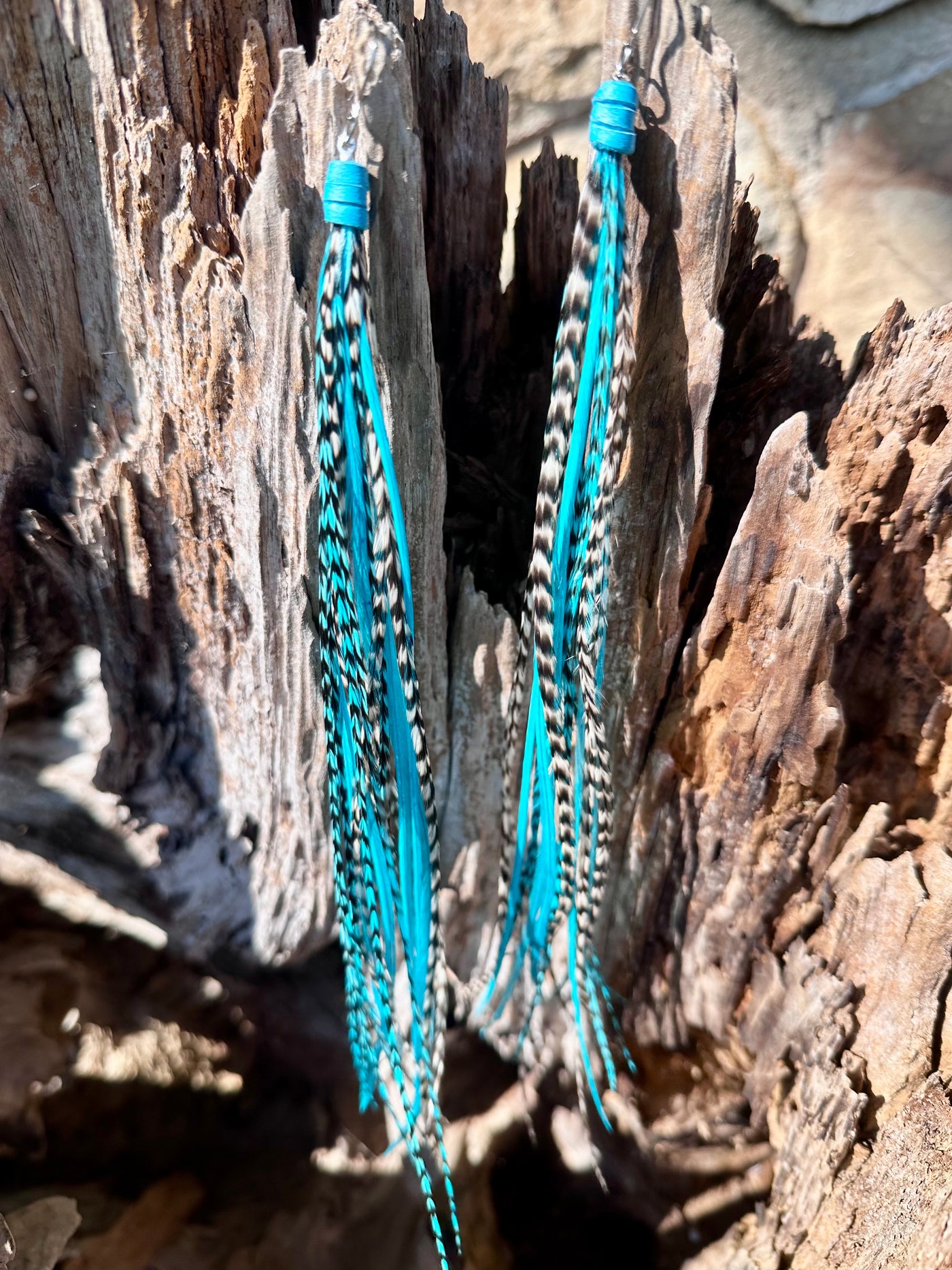 8 Inch Beautiful Handmade Turquoise, White and Black Feather Grizzly Earrings