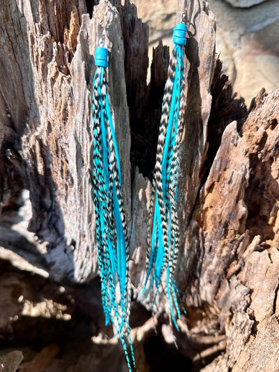 8 Inch Beautiful Handmade Turquoise, White and Black Feather Grizzly Earrings