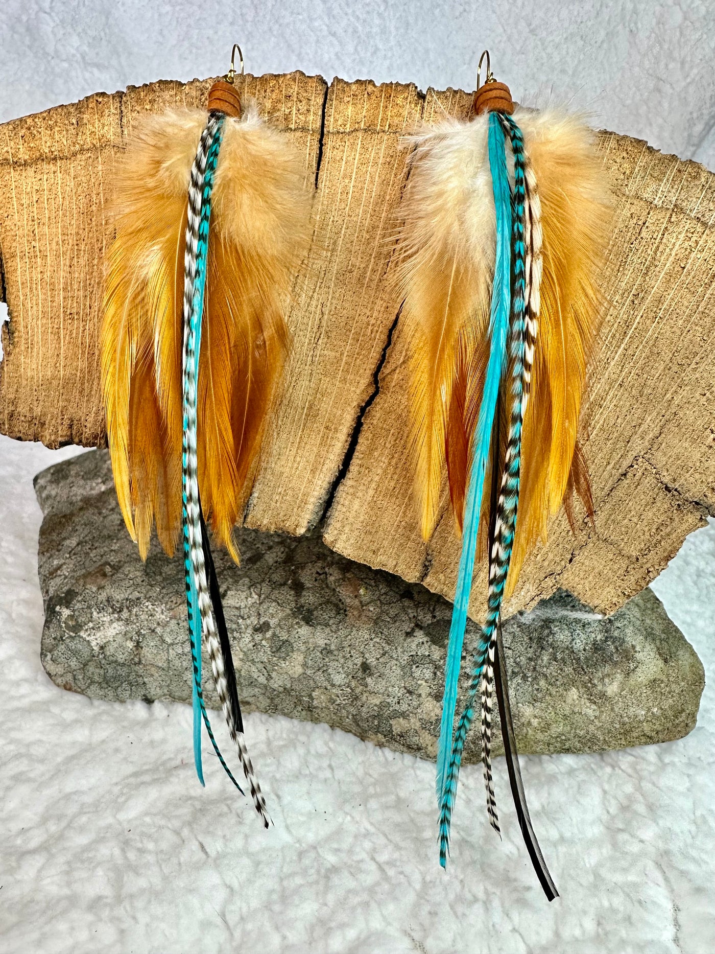 The Dorothy Midi – 8 inch Brown & Turquoise Handmade Statement Feather Earrings