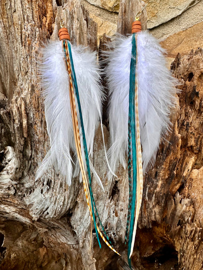 The Arizona– 8 inch Teal and Ginger Handmade Unique Feather Earrings