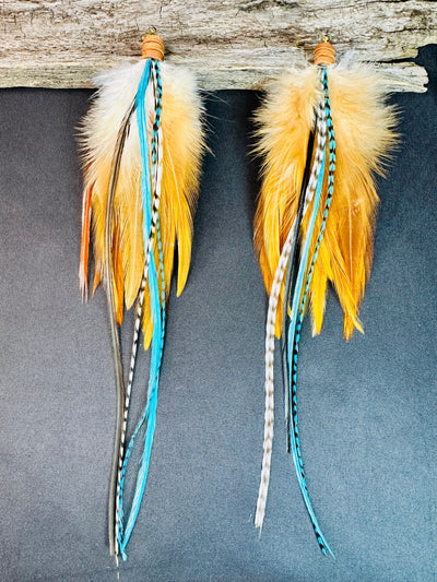 The Dorothy Midi – 8 inch Brown & Turquoise Handmade Statement Feather Earrings