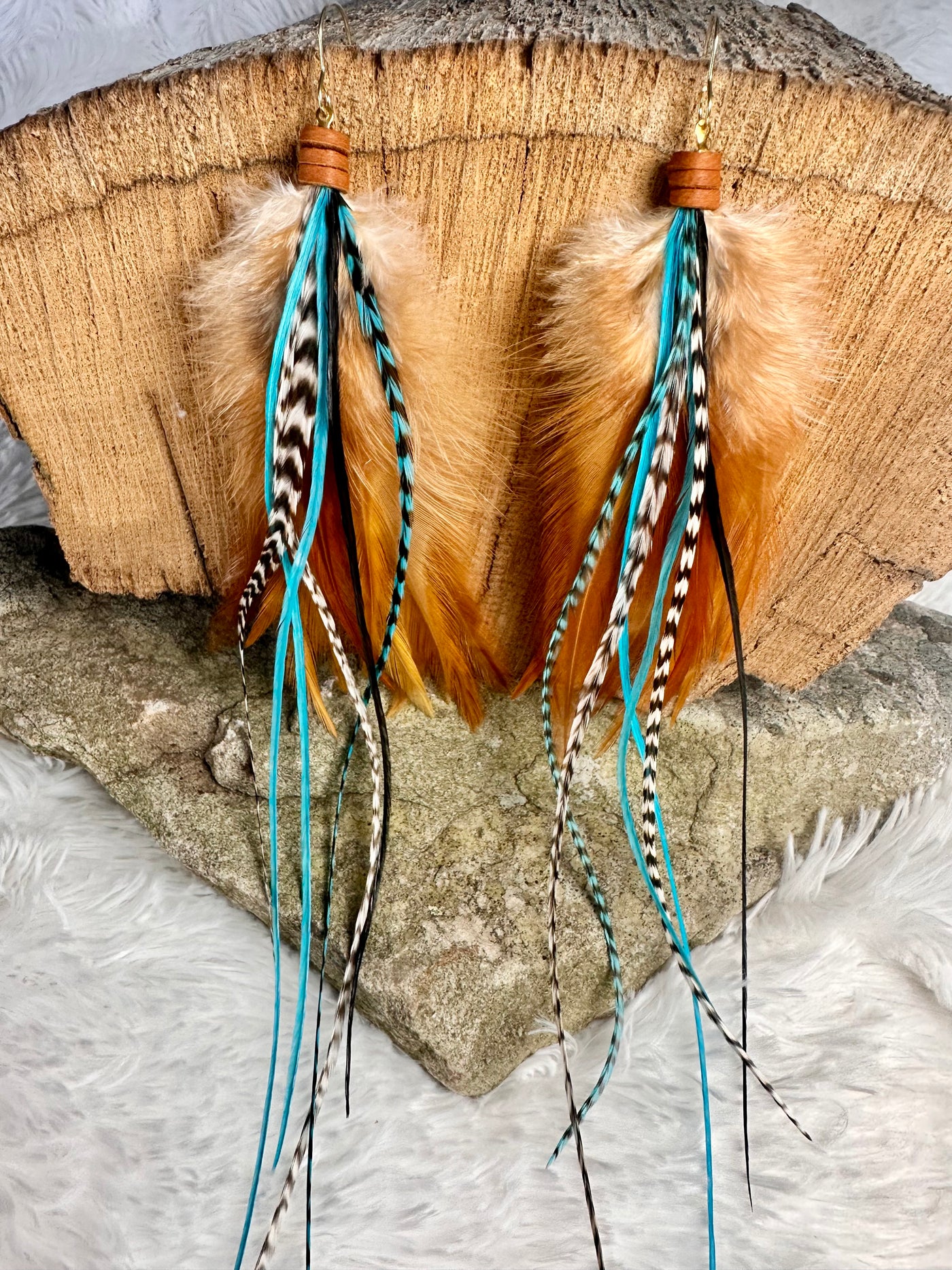 The Dorothy Max – 12 inch Brown & Turquoise Handmade Statement Feather Earrings