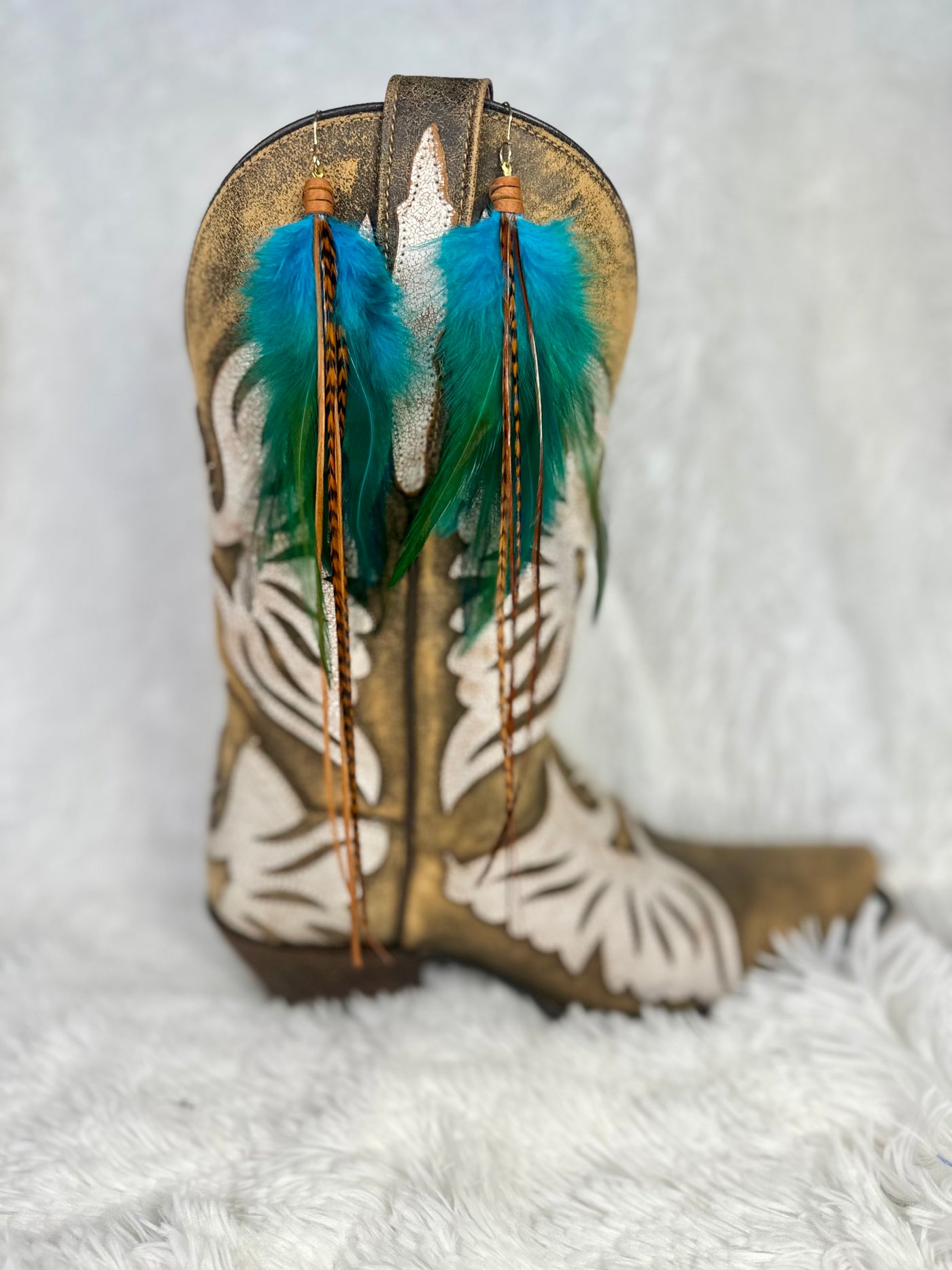 The Lynn – 8 inch Turquoise and Brown Handmade Customizable Feather Earrings