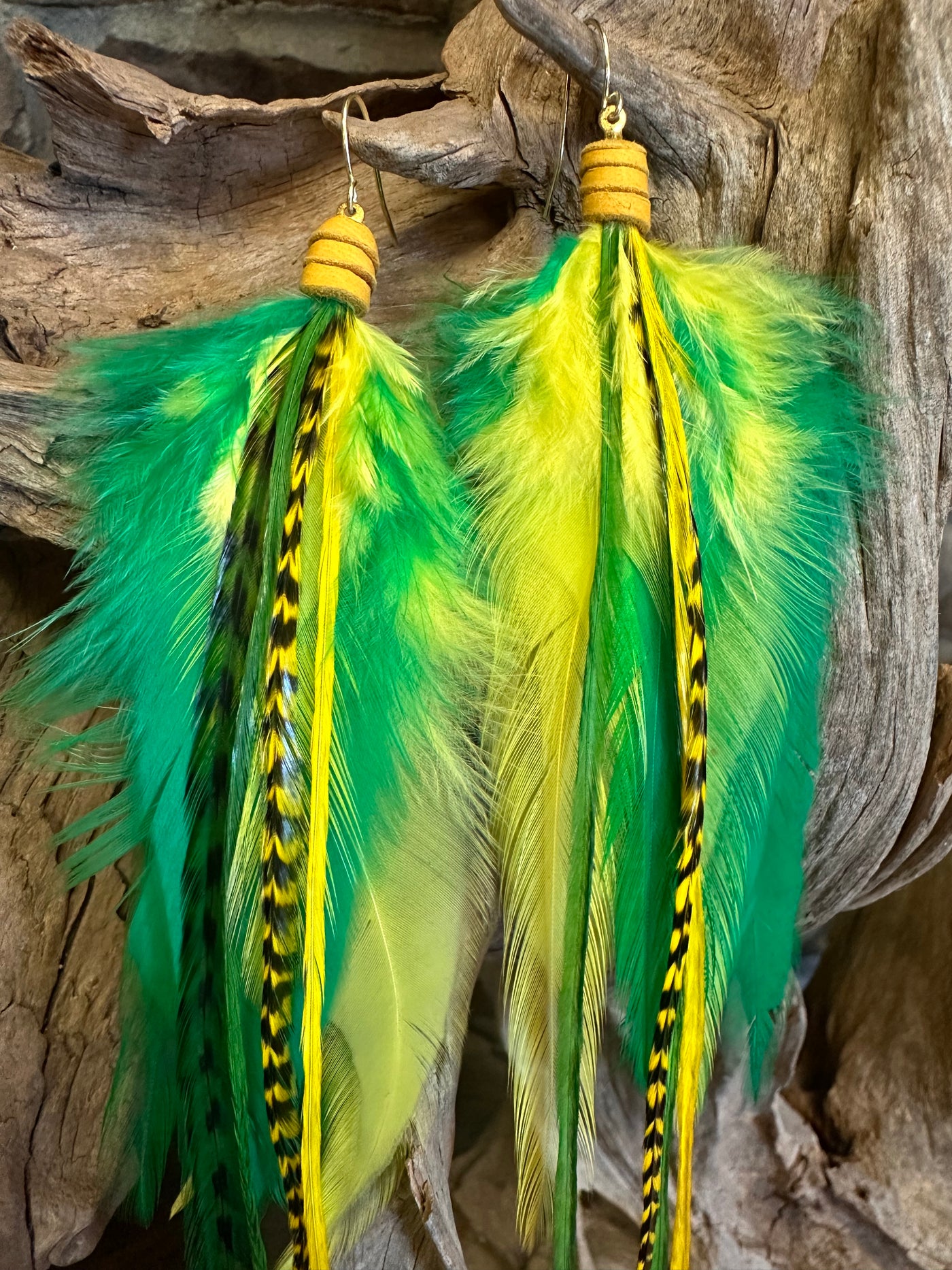 8 inch Green and Yellow Handmade Sports Feather Earrings