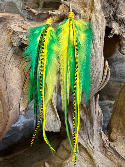 8 inch Green and Yellow Handmade Sports Feather Earrings