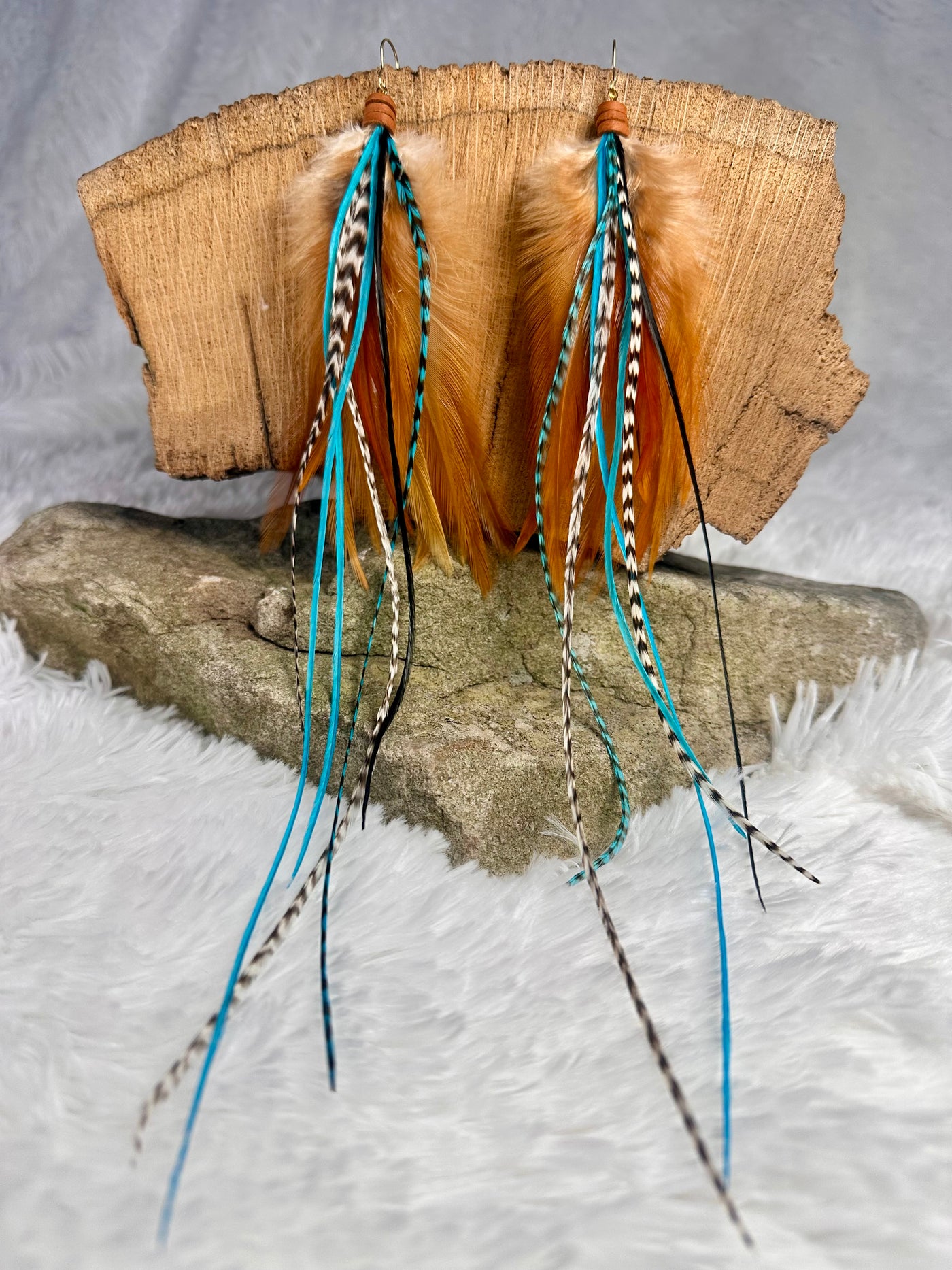 The Dorothy Max – 12 inch Brown & Turquoise Handmade Statement Feather Earrings