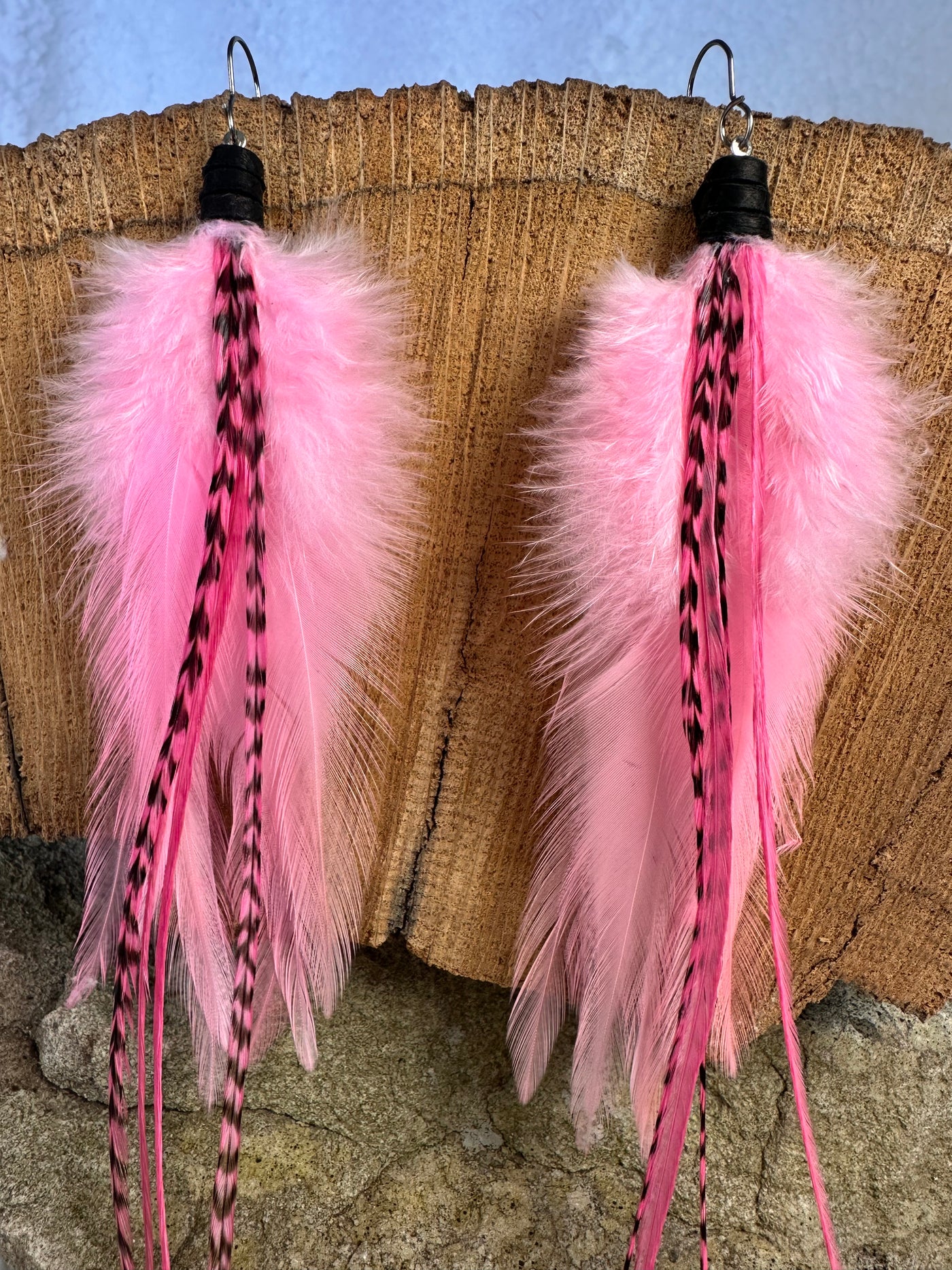 The Regina – 8 inch Pink, White & Grizzly Handmade Hypoallergenic Feather Earrings