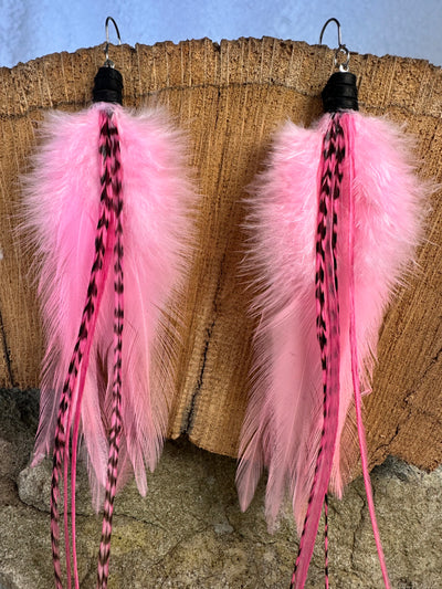 The Regina – 8 inch Pink, White & Grizzly Handmade Hypoallergenic Feather Earrings