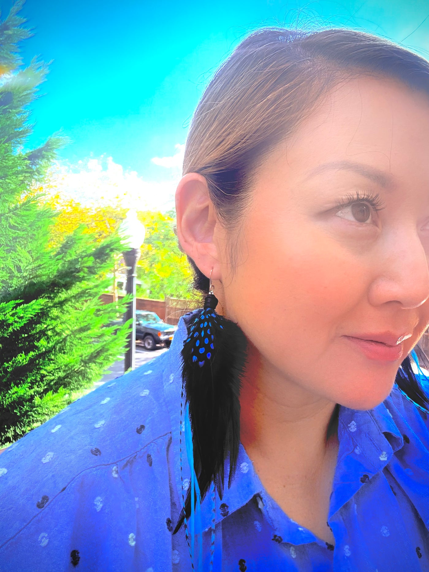 The Tess – 8 inch Black & Turquoise Handmade Showstopper Feather Earrings