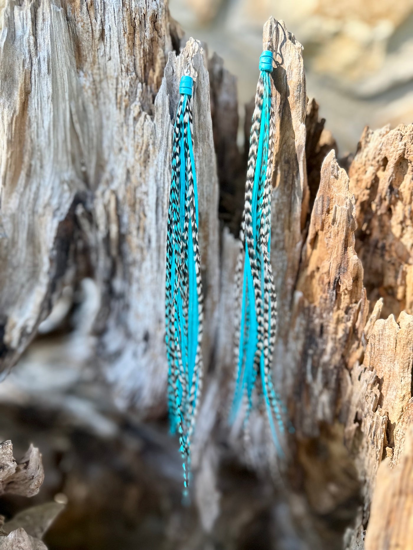 8 Inch Beautiful Handmade Turquoise, White and Black Feather Grizzly Earrings
