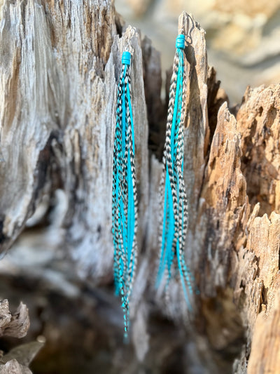 8 Inch Beautiful Handmade Turquoise, White and Black Feather Grizzly Earrings
