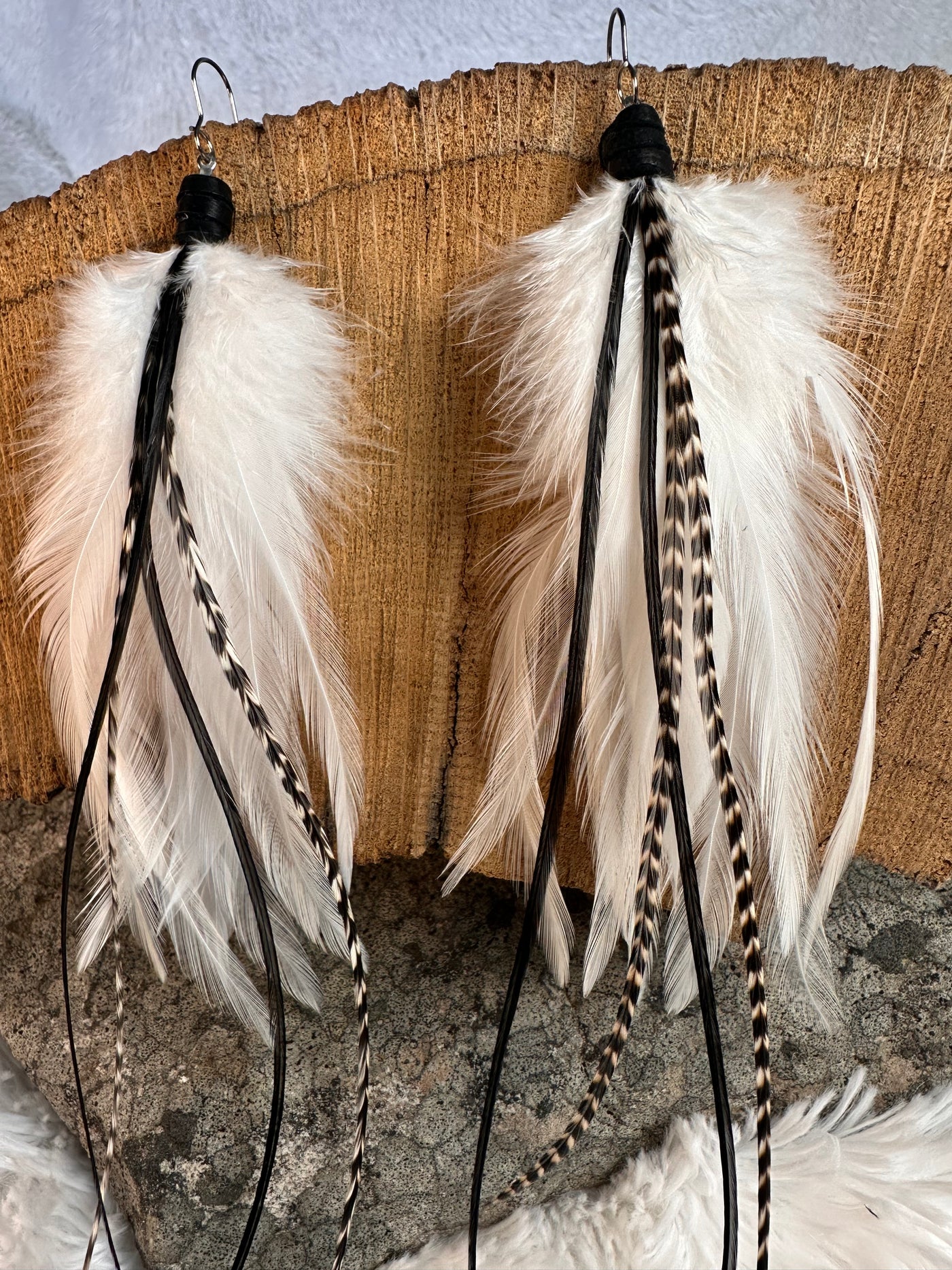 The Namieka – Striking 8 inch Handmade Everyday White and Black Feather Earrings