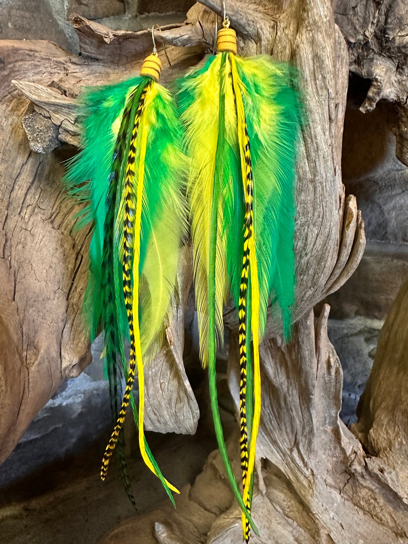 8 inch Green and Yellow Handmade Sports Feather Earrings