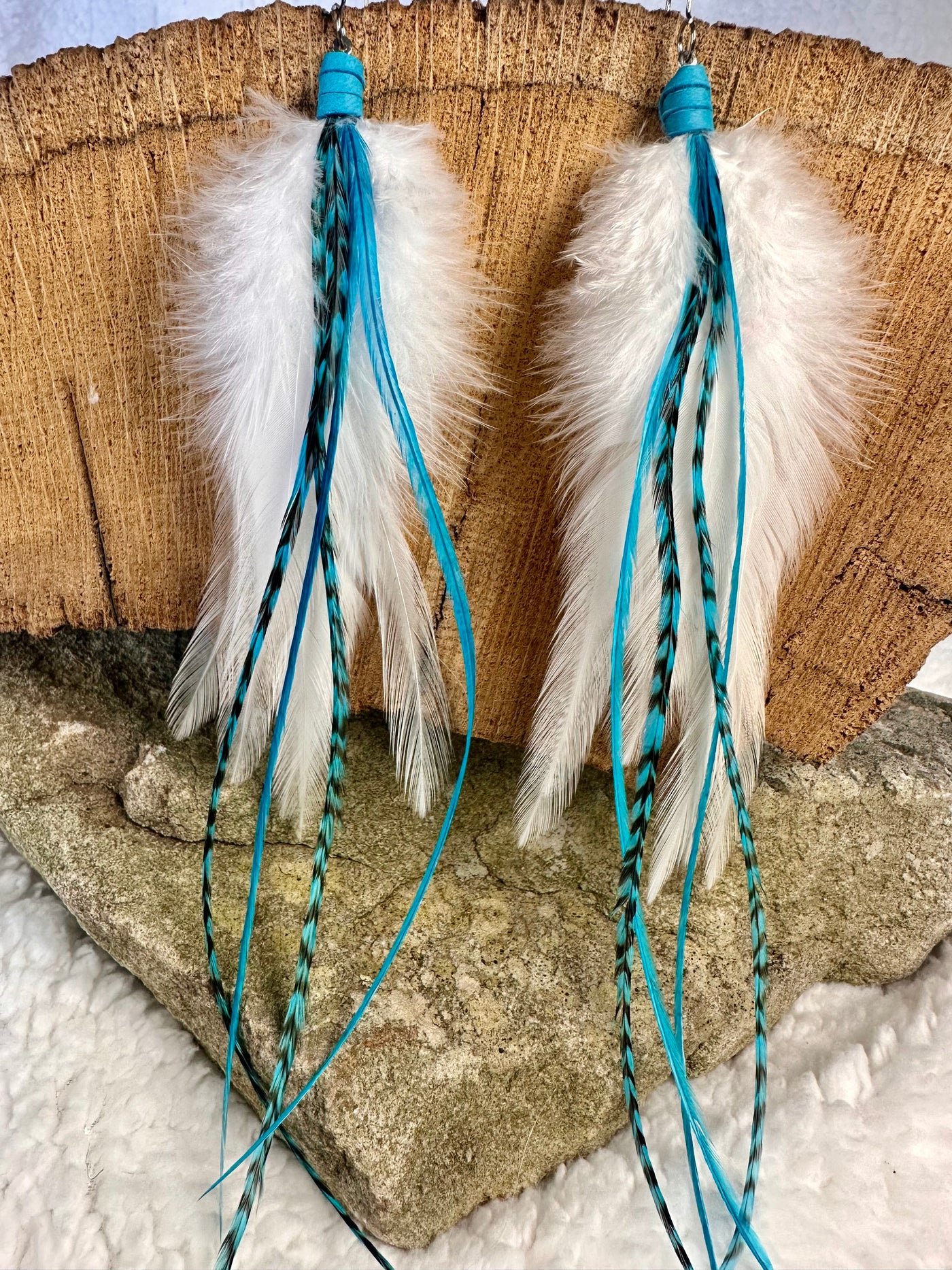 The Evelyn  – Striking 8 inchHandmade White and Turqouise Feather Earrings