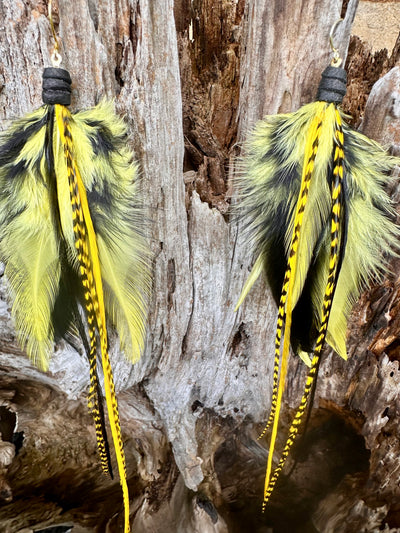 8 inch Black and Yellow Handmade Sports Feather Earrings