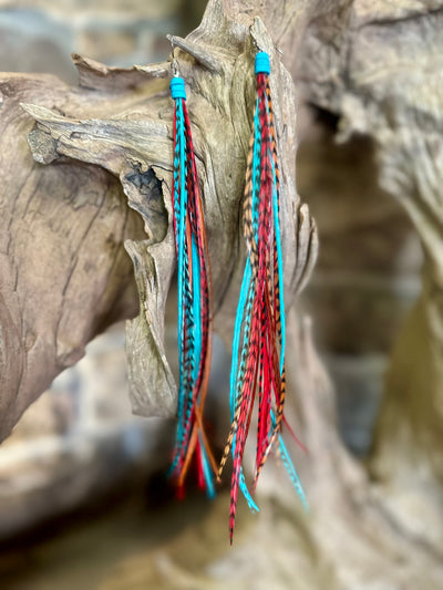 8 Inch Beautiful Handmade Turquoise, Brown and Red Feather Grizzly Earrings