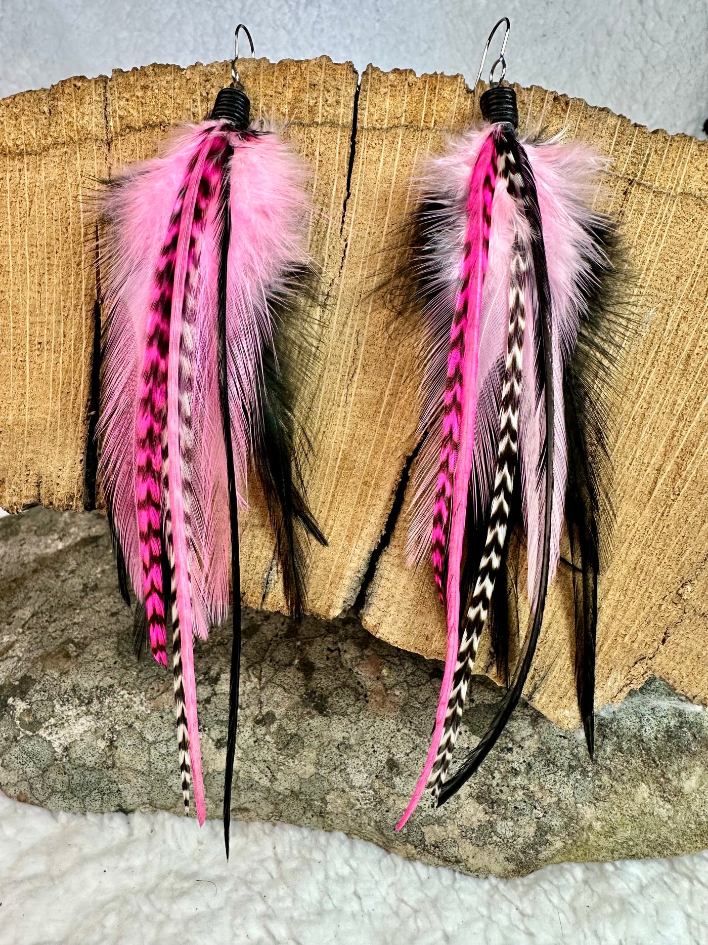 The Vicki – 8 inch Pink & Black Handmade Flowy Feather Earrings
