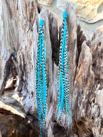 8 Inch Beautiful Handmade Turquoise, White and Black Feather Grizzly Earrings