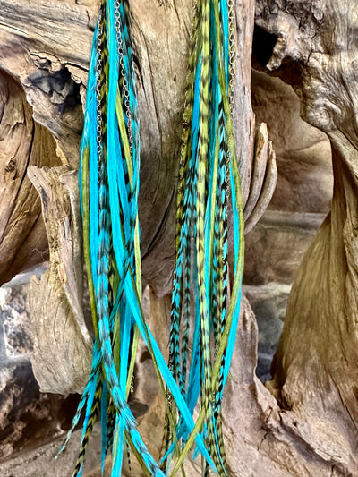 8 Inch Beautiful Handmade Turquoise and Green Feather Grizzly Earrings