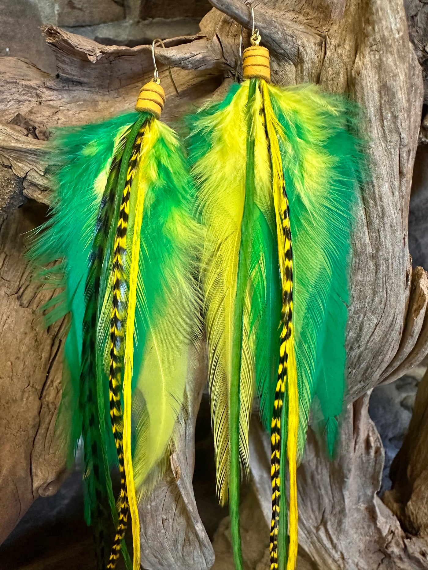 8 inch Green and Yellow Handmade Sports Feather Earrings