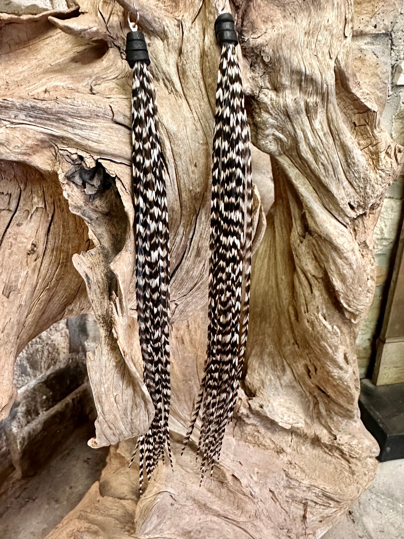 The Roe – 8 inch Beautiful Handmade Everyday White and Black Feather Grizzly Earrings