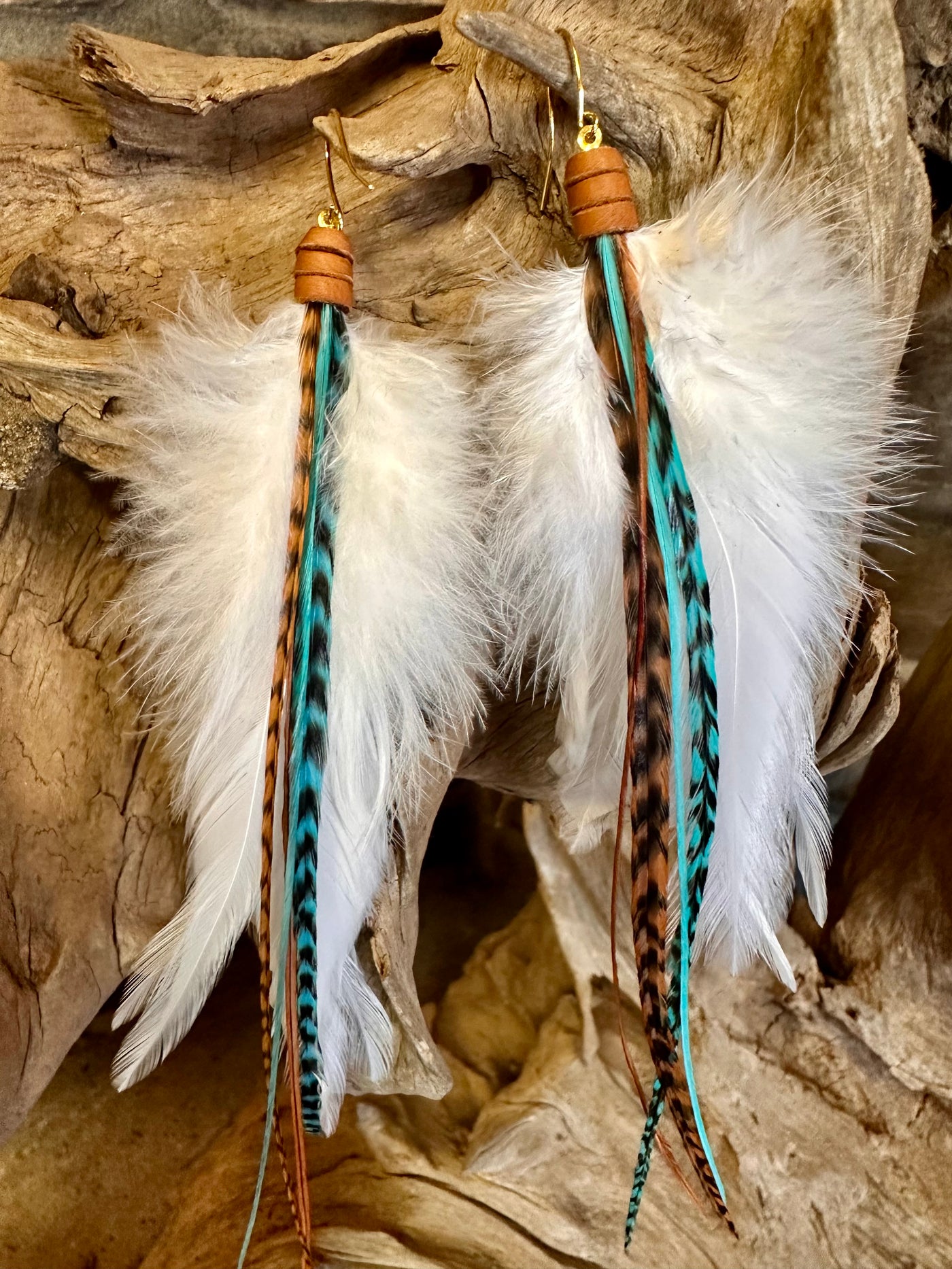 The Iceland – 8 inch Turquoise and Brown Handmade Unique Feather Earrings