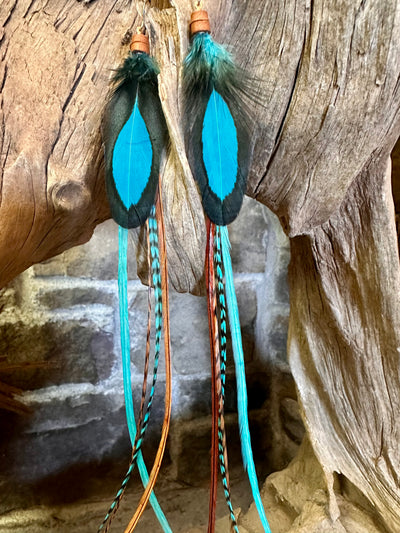 The Nicole – 8 inch Turquoise & Brown Handmade Long Feather Earrings