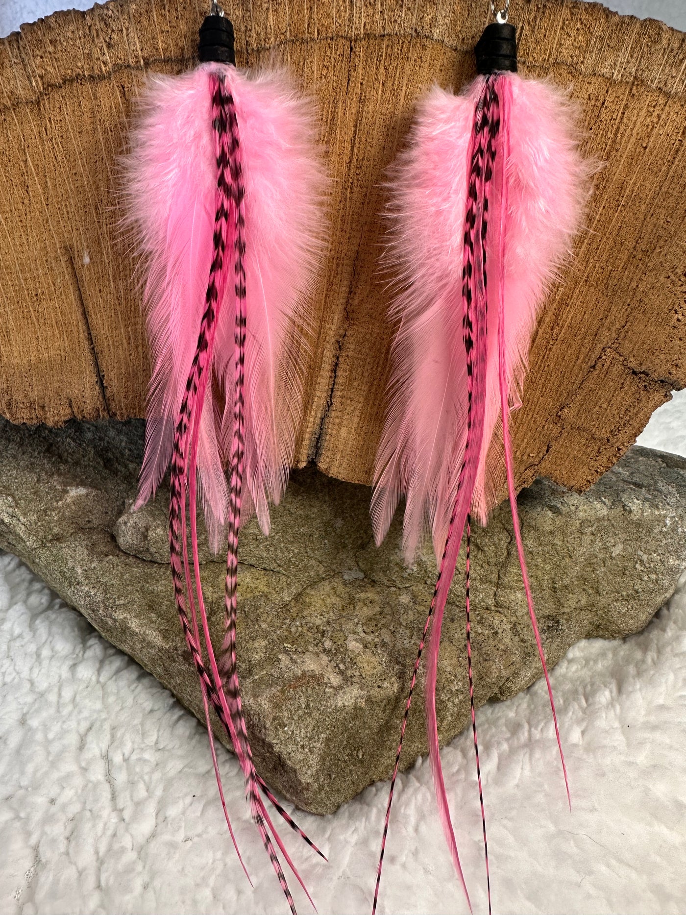 The Regina – 8 inch Pink, White & Grizzly Handmade Hypoallergenic Feather Earrings
