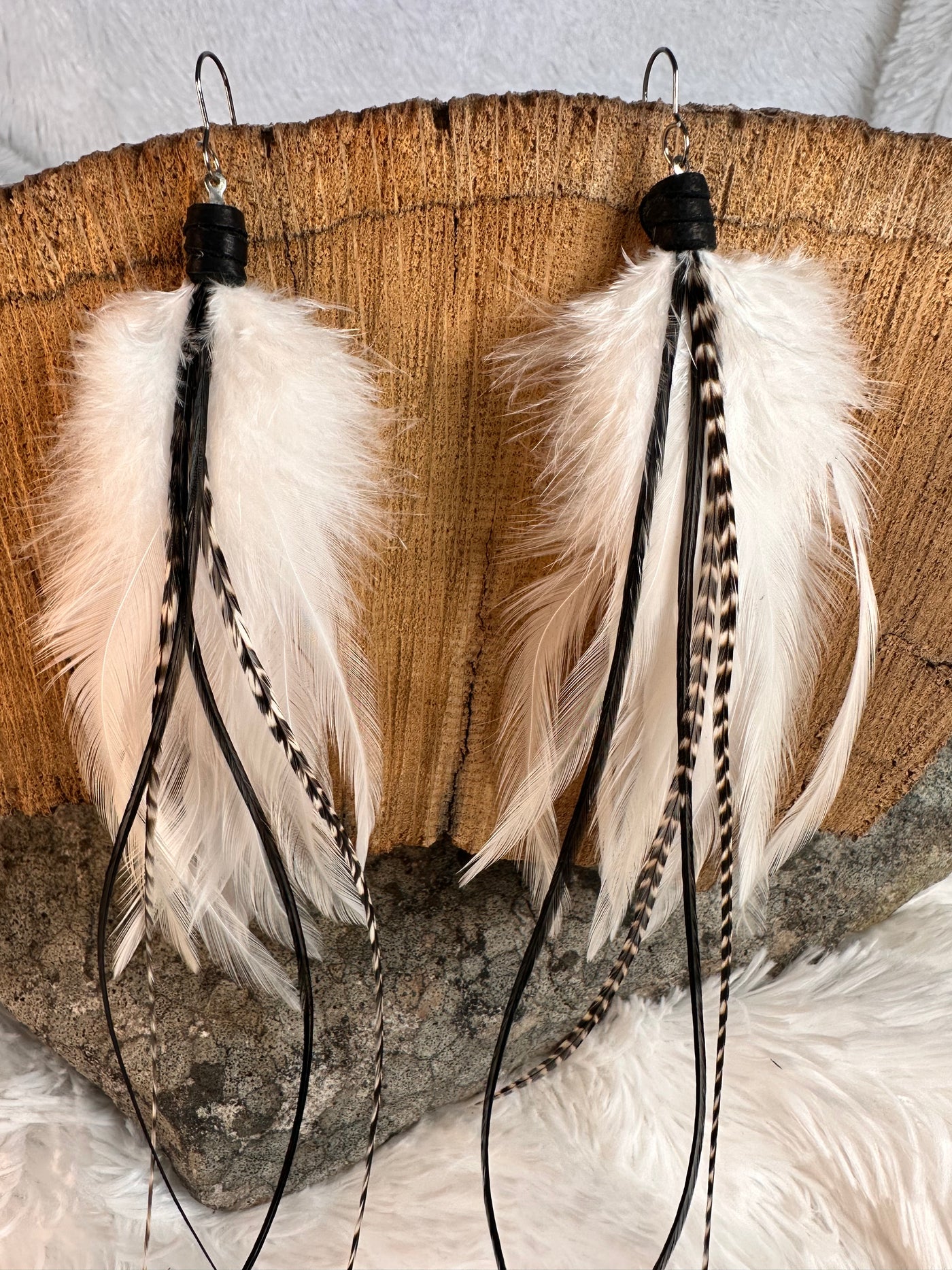 The Namieka – Striking 8 inch Handmade Everyday White and Black Feather Earrings