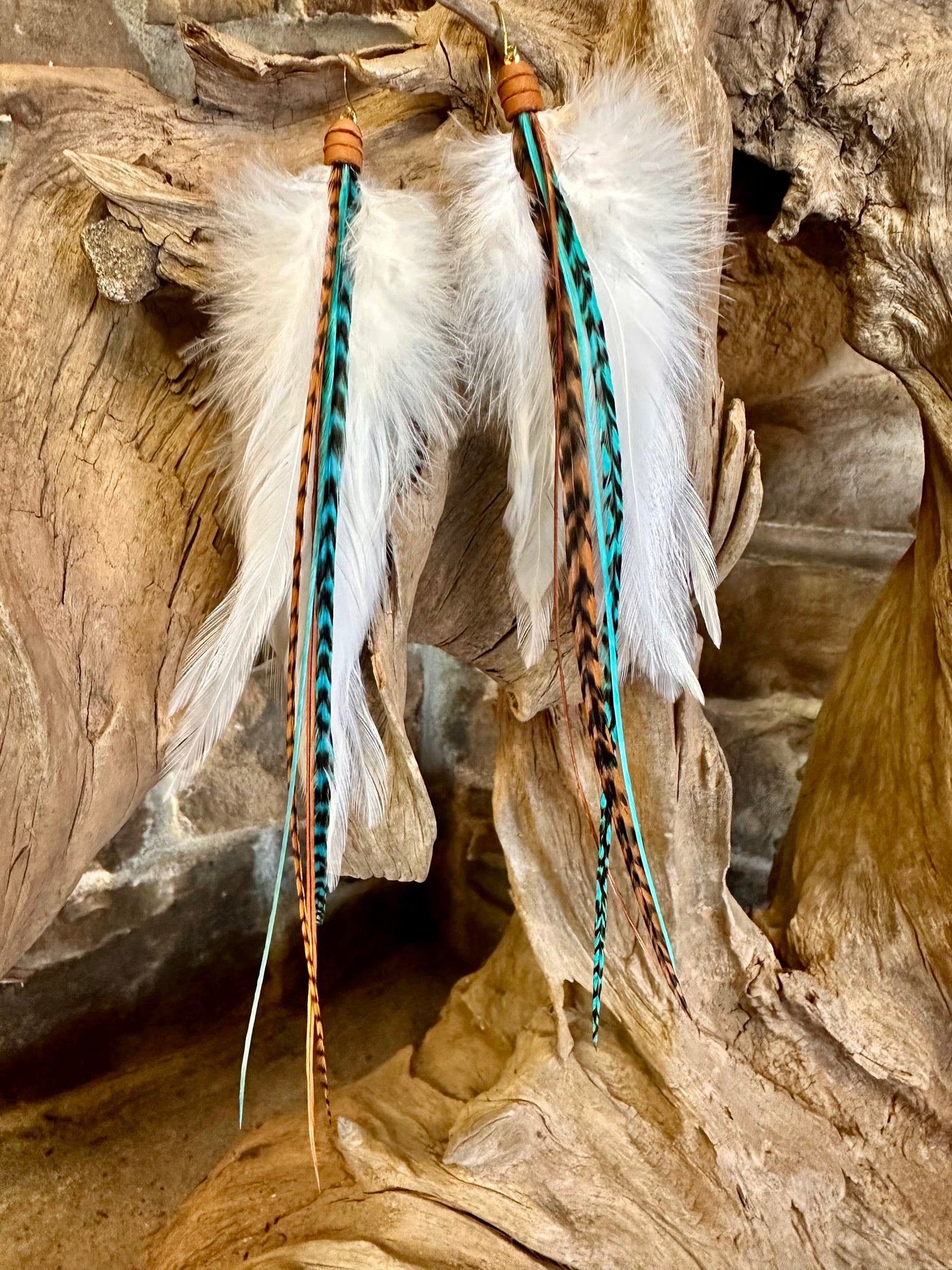 The Iceland – 8 inch Turquoise and Brown Handmade Unique Feather Earrings