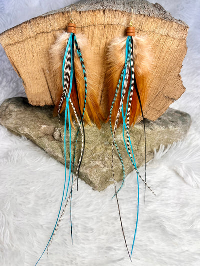 The Dorothy Max – 12 inch Brown & Turquoise Handmade Statement Feather Earrings